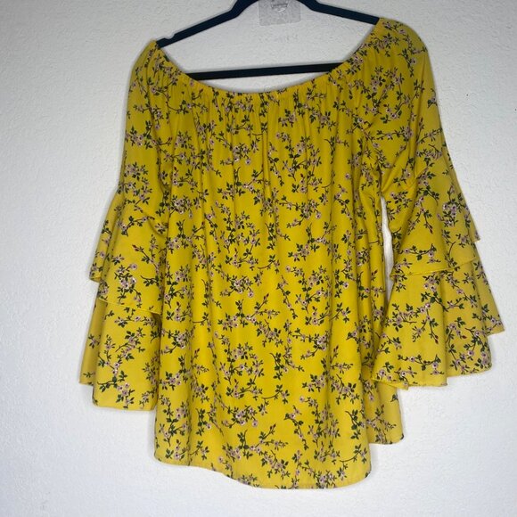 Oddy Yellow Floral Print Bell Sleeve Off-Shoulder Blouse L Boho Peasant - Picture 3 of 6